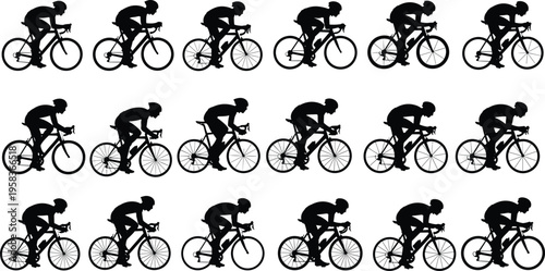 cycling motion sequence silhouettes, road bike rider animation frames, speed movement study, cyclist pedaling phases, sports illustration, black vector design