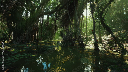 Obraz na plátne lush green bayou corridor with layered vegetation and deep perspective, reflecti