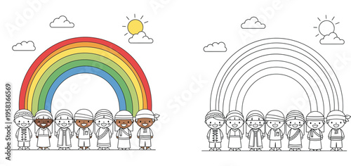 Diverse Multi-ethnic Children in Traditional Clothing Under a Rainbow Vector Illustration, Unity and Peace Concept with Coloring Page and Colored Version for Education (178 characters)