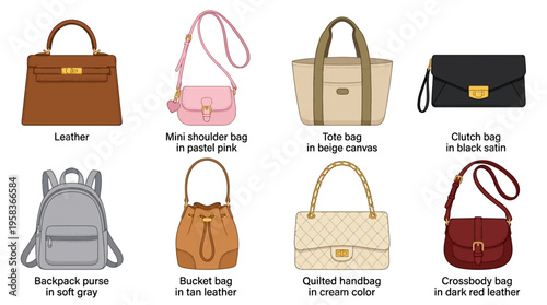 A vector illustration of various stylish leather handbags and backpacks in different colors and designs on a neutral background for fashion and accessory enthusiasts.