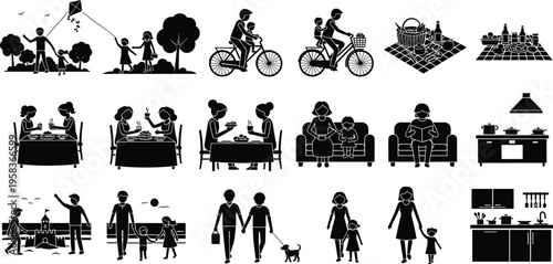 family lifestyle silhouettes set, daily activities collection, parenting scenes, outdoor indoor moments, modern life illustration, black vector design