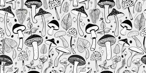 A whimsical pattern of hand drawn mushrooms leaves and botanical elements