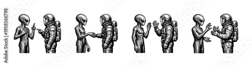 Black and white vector illustration of alien and astronaut interaction silhouette