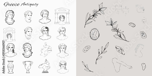 Ancient greek busts pottery and botanical sketches in a monochrome style
