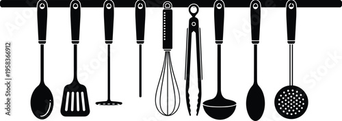 Kitchen utensils hanging set, cooking tools silhouette including spoon, spatula, whisk and ladle, culinary equipment illustration for kitchen, food preparation and chef concept