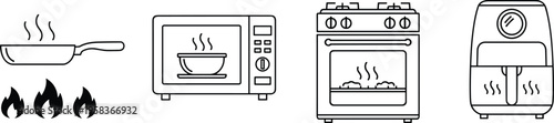 Kitchen appliance icons set, cooking tools illustration with stove, microwave, pan and air fryer, modern kitchen equipment symbols for culinary design concept