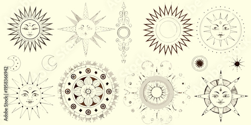Vintage celestial sun and moon illustrations with ornate decorative elements