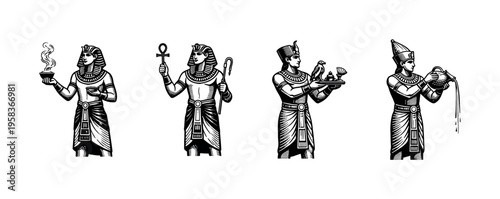 Ancient egyptian figures in black and white, vector illustrations of pharaohs and hieroglyphic elements