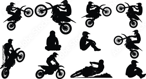 motocross rider silhouettes, dirt bike stunt actions, extreme sports collection, freestyle motorcycle tricks, racing activity illustration, black vector design