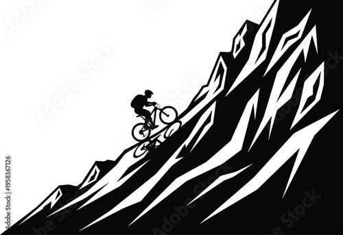 Mountain biking silhouette on steep cliff, extreme cycling adventure, outdoor sport challenge, adrenaline action, rugged terrain, vector illustration design concept