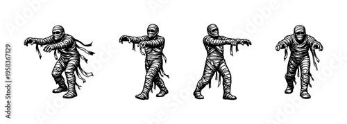Vector illustration of mummy silhouettes in black and white with wrapped bandages