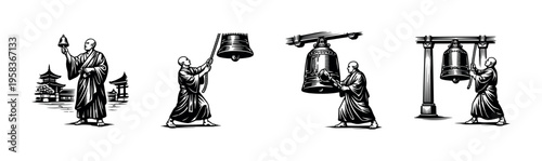Monks ringing temple bells illustration asian cultural theme black and white vector elements
