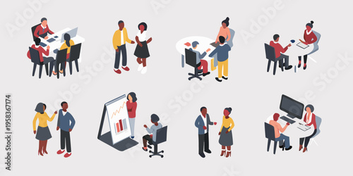 Isometric illustration depicting diverse people collaborating in a modern office environment