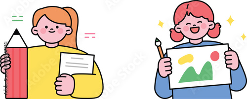 Creative children exploring art and writing through drawing and storytelling