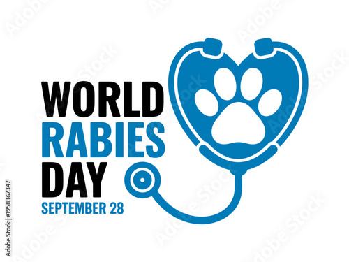 A blue and black vector graphic illustration for World Rabies Day on September 28th featuring a stethoscope and paw print
