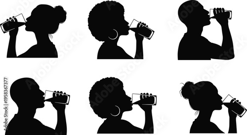 People drinking water silhouettes set, hydration and healthy lifestyle concept, human profiles with glass, beverage consumption illustration for wellness, health and daily routine design