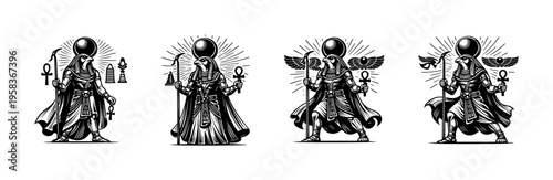 Ancient egyptian deities illustration set, vector silhouette of mythological figures, black and white clipart