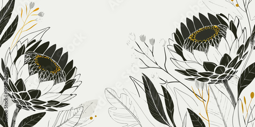 Elegant floral arrangement featuring protea flowers and delicate botanical lines