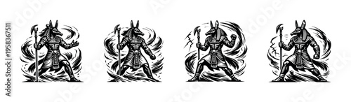 Black and white vector illustrations of ancient egyptian deity silhouettes with anubis figures