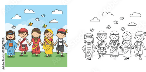 Multicultural Children Holding Hands in Traditional Costumes Vector Illustration and Coloring Book Page for Kids, Diversity and International Friendship Concept Background (169 Characters)