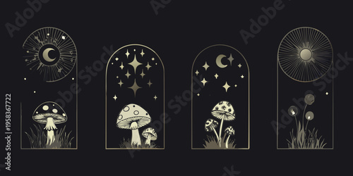 Celestial and botanical illustrations in arched frames on a dark background