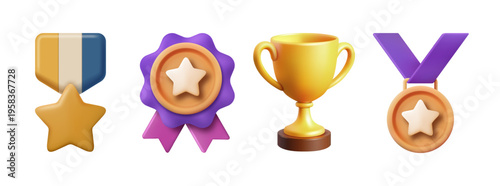 3D Awards and Achievement Icons Set, Vector Illustration