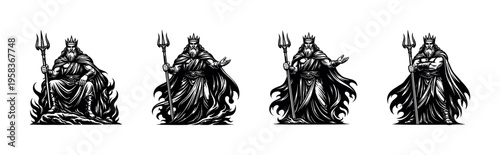 Black and white poseidon silhouette illustrations featuring ocean god deity with trident