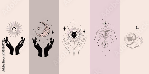 Mystical illustrations of hands eyes moons and shells in a vertical layout