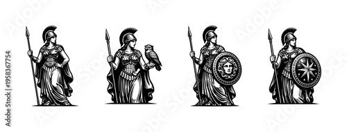 Black and white vector illustrations of athena with spear shield and owl silhouette mythological figures