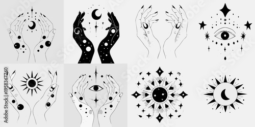 Mystical hands holding celestial bodies and symbolic eyes in black and white