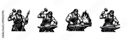Black and white vector illustration of blacksmiths working with anvils in vintage style