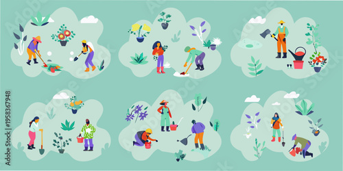 People gardening and tending to plants in a colorful illustrated scene