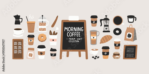 Colorful illustration of coffee drinks pastries and a coffee shop menu
