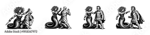 Mythical medusa and stone warriors black and white vector illustration