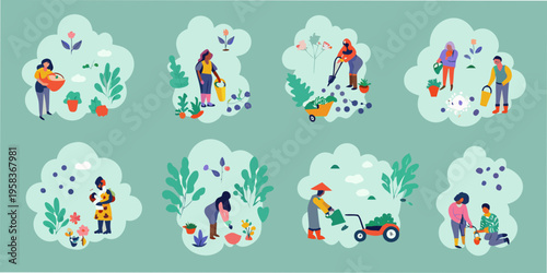 People gardening and tending to plants in a colorful illustrative style