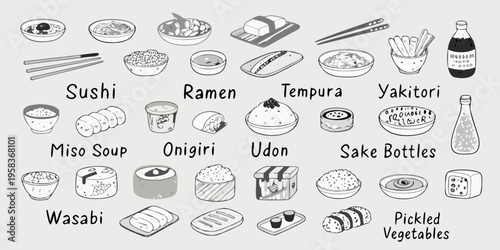 A collection of hand drawn japanese food illustrations including sushi and ramen