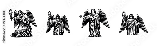 Vintage angel statue illustration set in black and white vector style