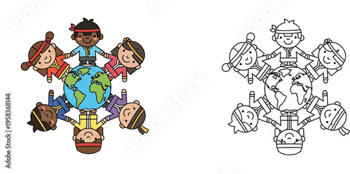 Diverse Children Holding Hands Around the Earth Globe Vector Illustration and Coloring Book Page, Concept of Global Peace, Unity and International Friendship for Kids Education (187 Characters)