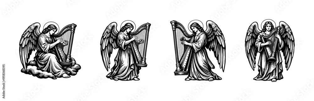Obraz premium Black and white angel illustrations with harps silhouette vector art