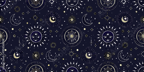 Celestial pattern featuring golden suns moons and stars on a navy background
