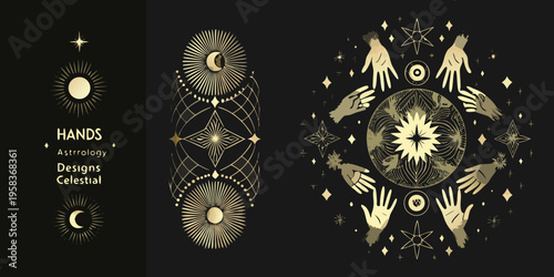 Mystical astrology designs featuring hands celestial bodies and geometric shapes