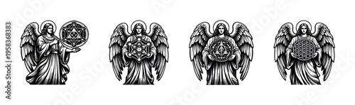 Black and white angel figures with geometric symbols vector illustration silhouette