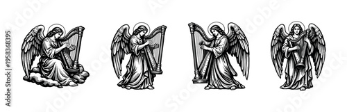 Black and white angel illustrations with harps silhouette vector art