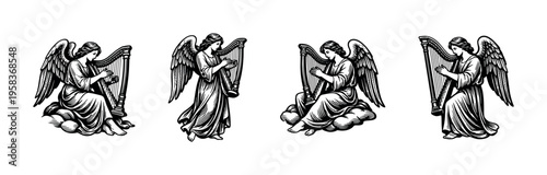 Black and white vector illustration of angel playing harp elegant musical theme silhouette elements