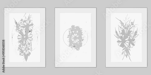 Three framed botanical sketches with delicate floral and plant designs
