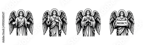 Angels vector illustration set featuring four detailed black and white angel silhouette figures