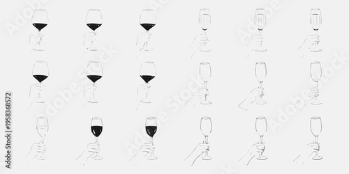 Numerous hands holding various stemmed glasses filled with dark liquids
