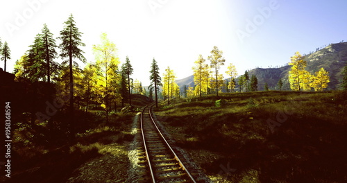Canvas Print Misty forest track railway stretching toward distant ridge, pale light filters t