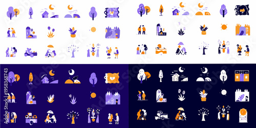 Stylized illustrations of nature people and domestic scenes in purple hues