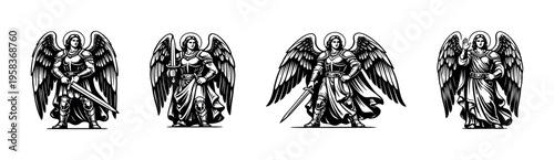 Black and white angel warrior illustrations, vector silhouette style, angelic figures with wings and armor